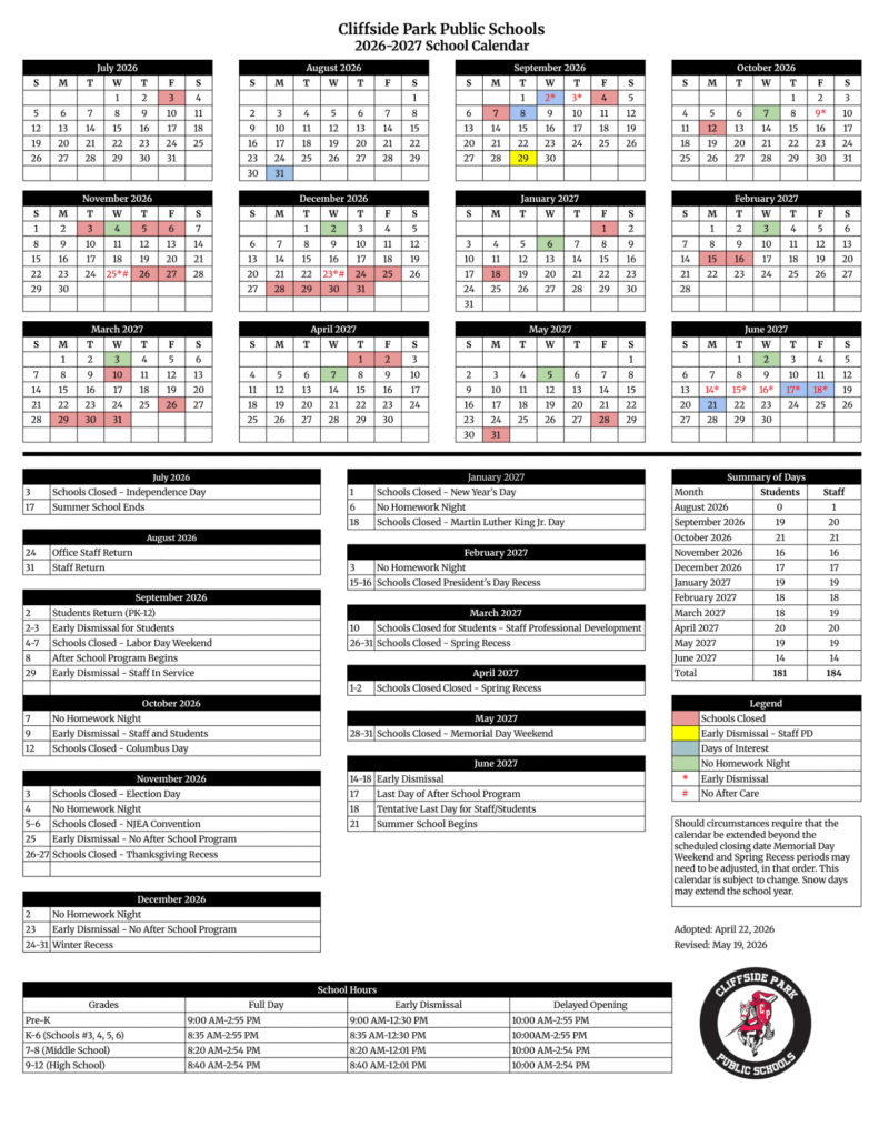 Cliffside Park Public Schools Calendar 2026-2027 | Printable PDF