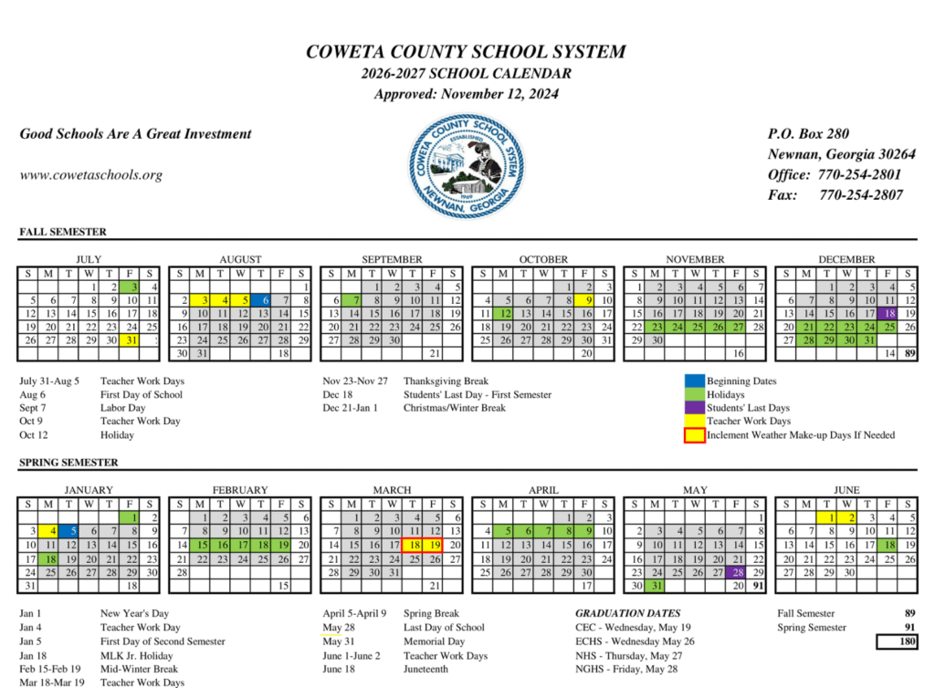 Coweta County School Calendar 2026-2027 | Printable PDF