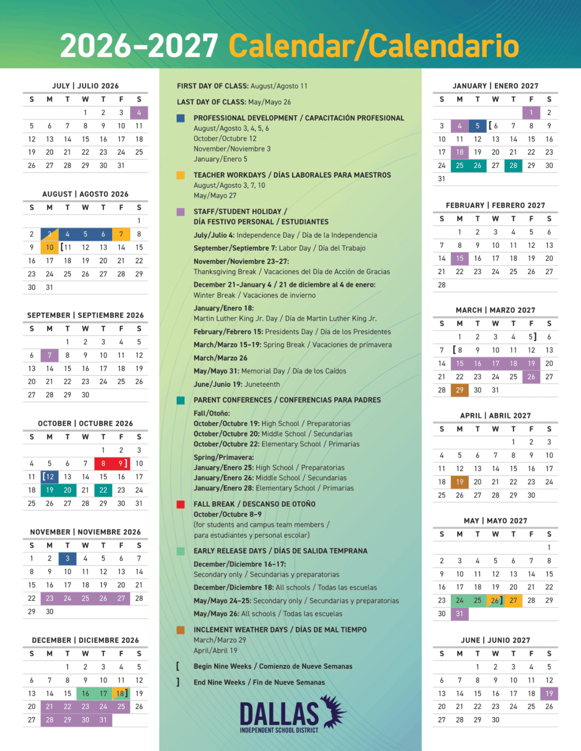 Dallas ISD Calendar 2026-2027 | Printable PDF