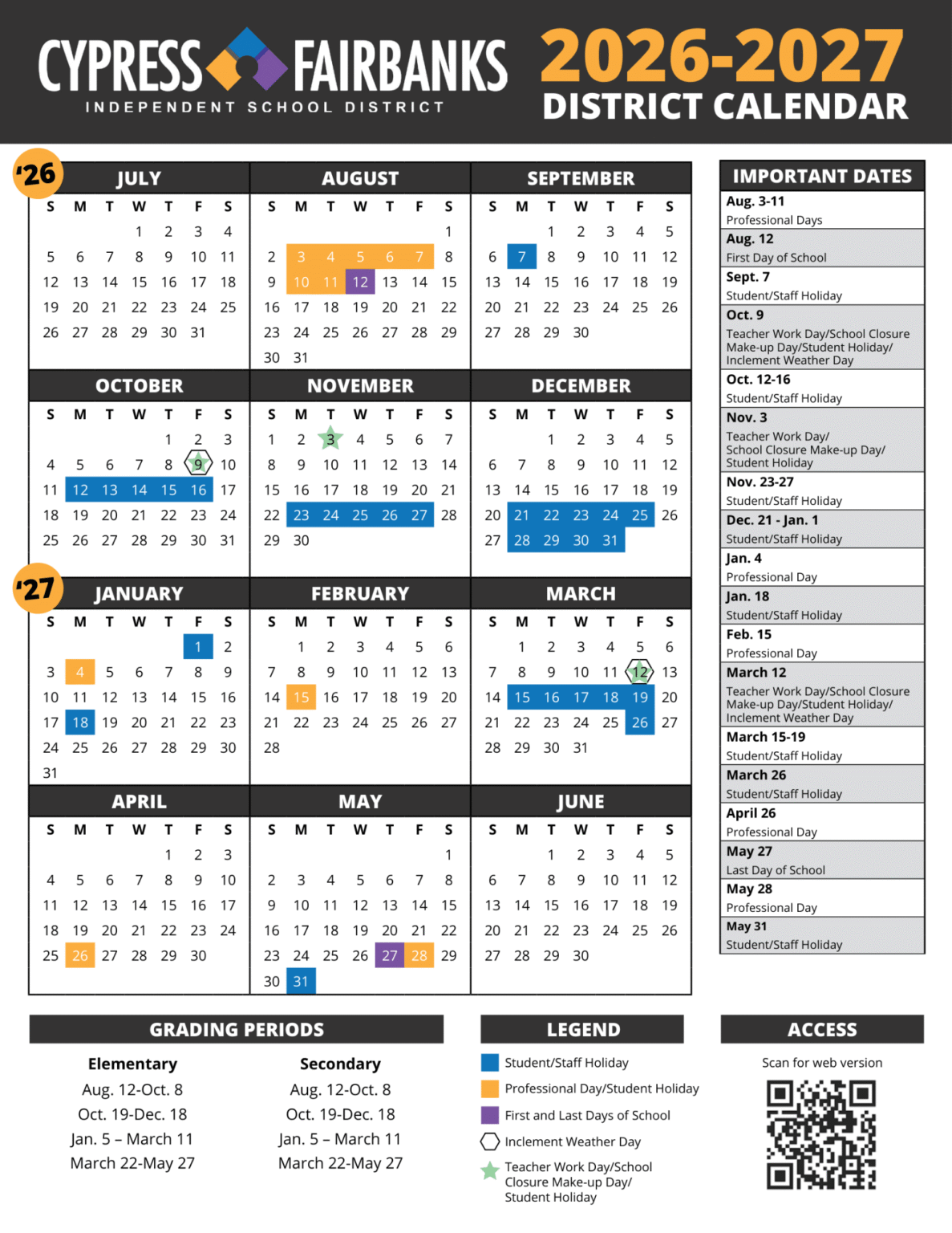 CY Fair ISD Calendar 2026-2027 | Printable PDF