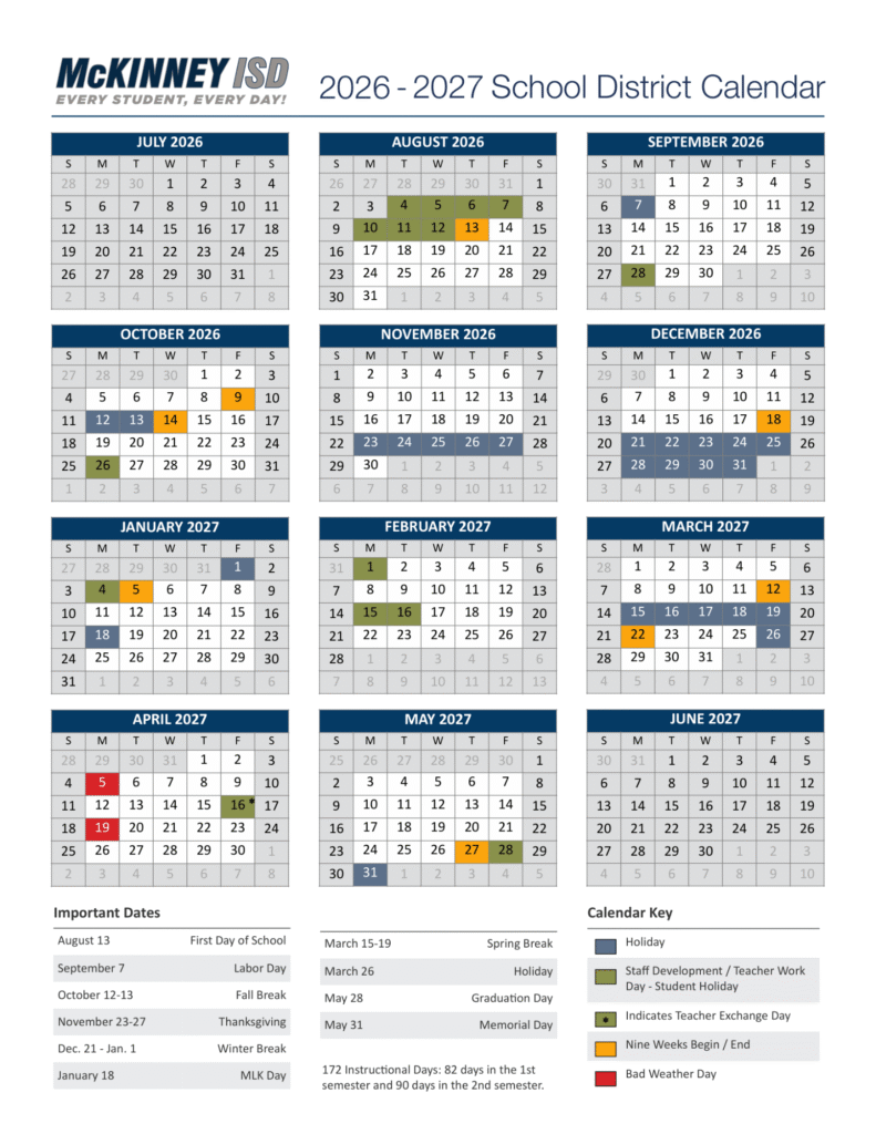 McKinney ISD Calendar 2026–2027 | Printable PDF