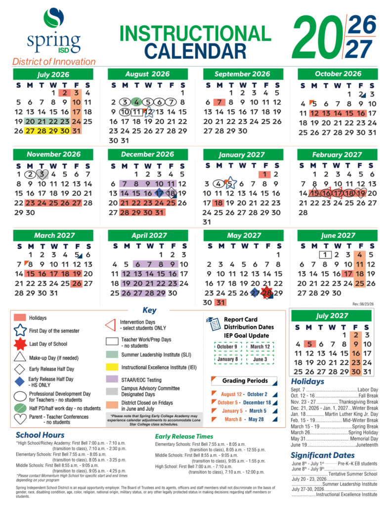 Spring ISD Calendar 2026–2027 | Printable PDF