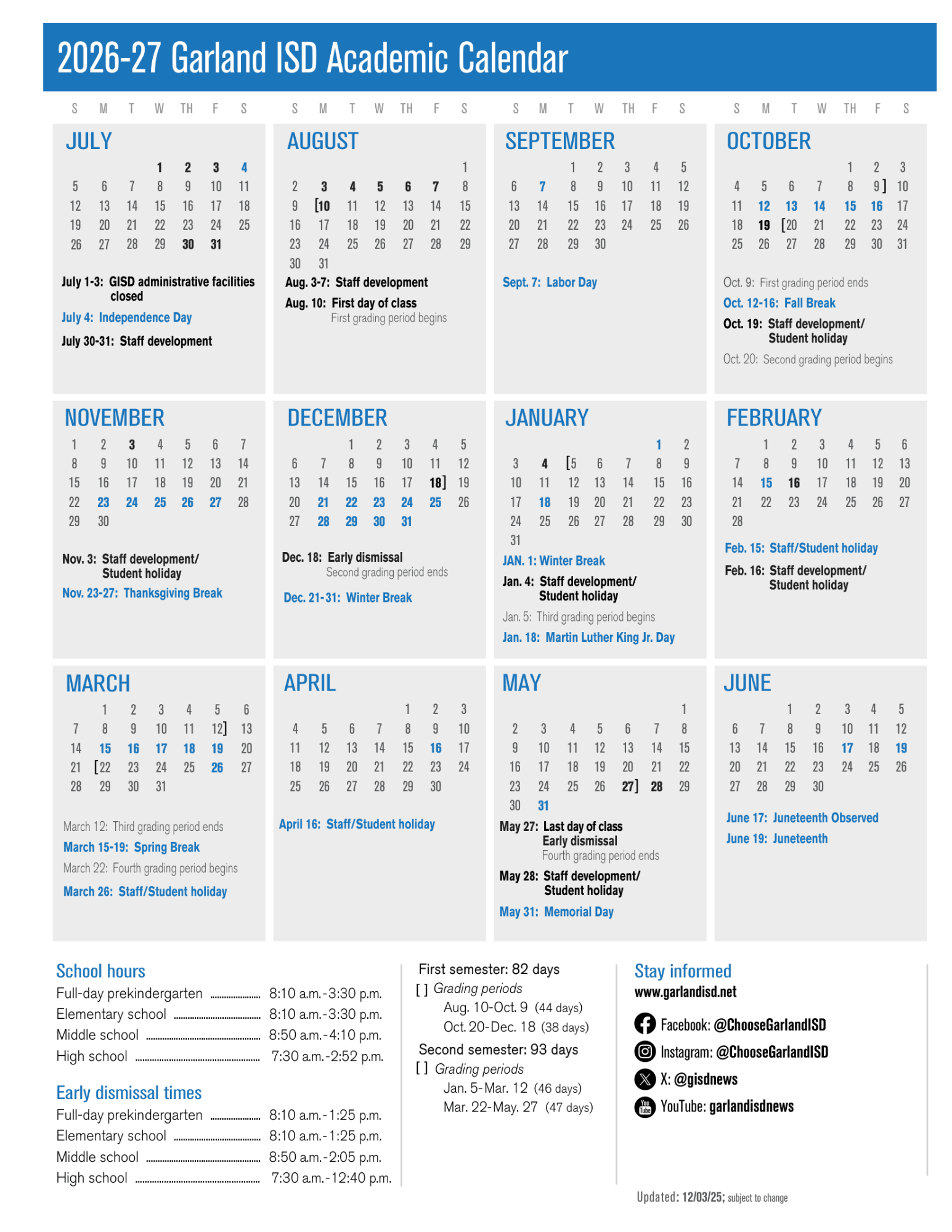 Garland ISD Calendar 2026-2027 | Printable PDF