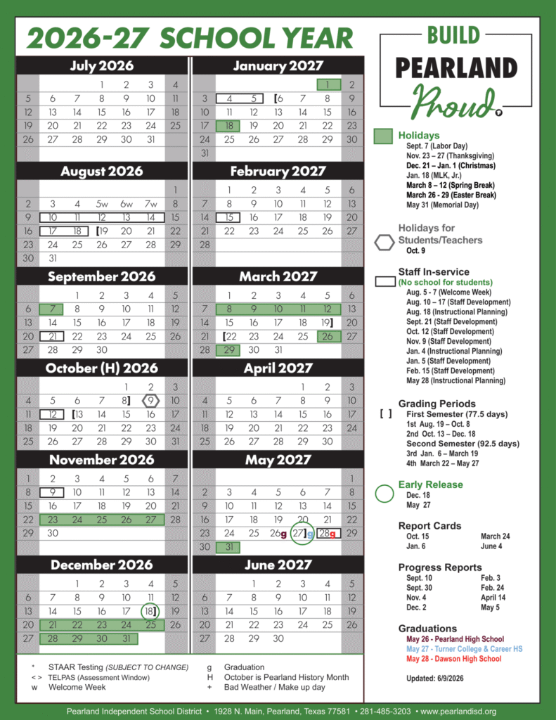 Pearland ISD Calendar 2026–2027 | Printable PDF