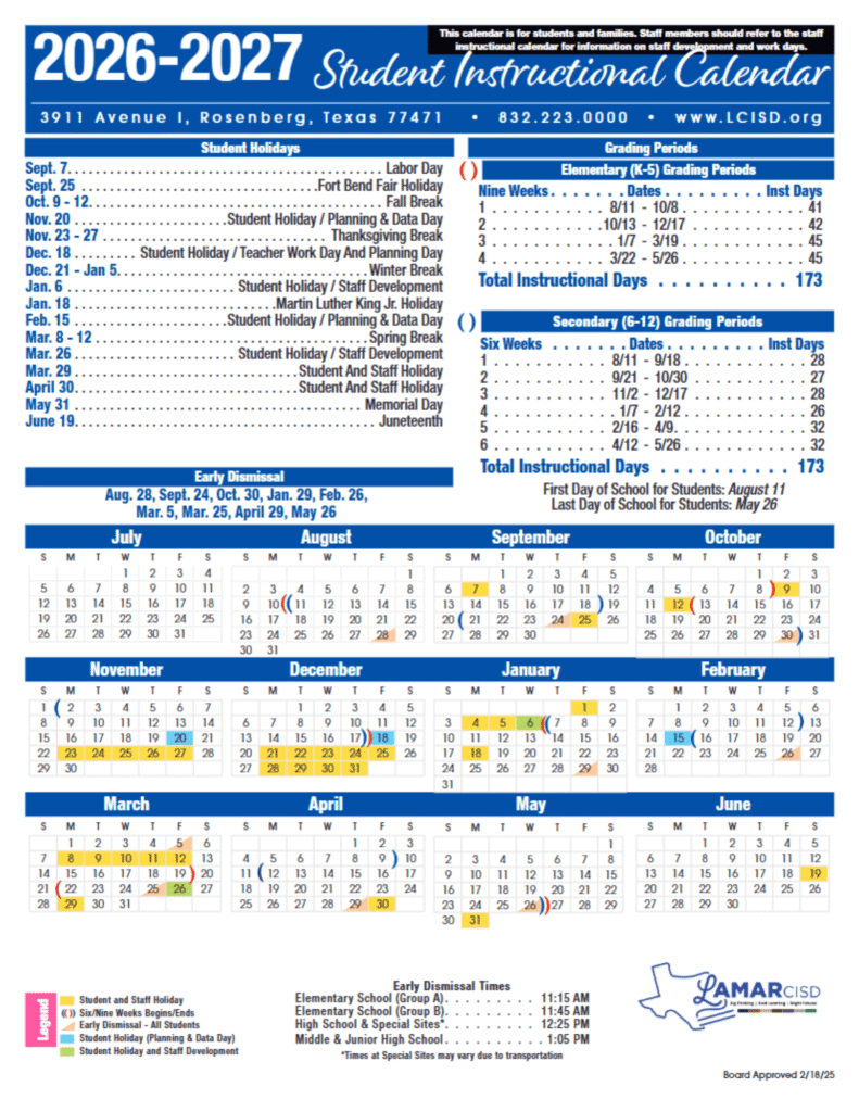 Lamar ISD Calendar 2026-2027 | Printable PDF