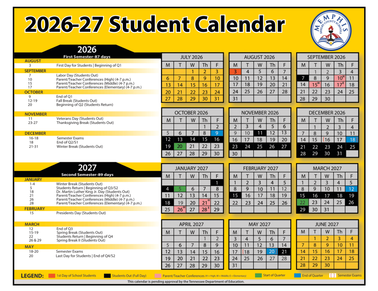 Memphis-Shelby County Schools Calendar 2026-2027 | Printable PDF