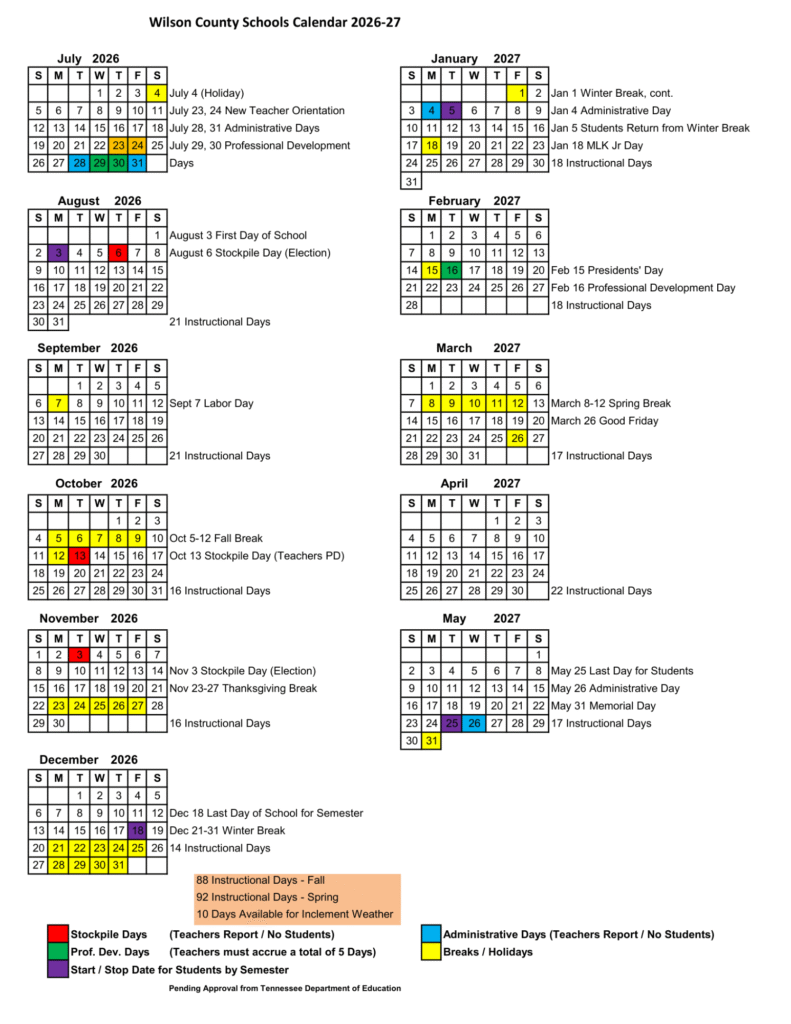 Wilson County Schools Calendar 2026-2027 | Printable PDF
