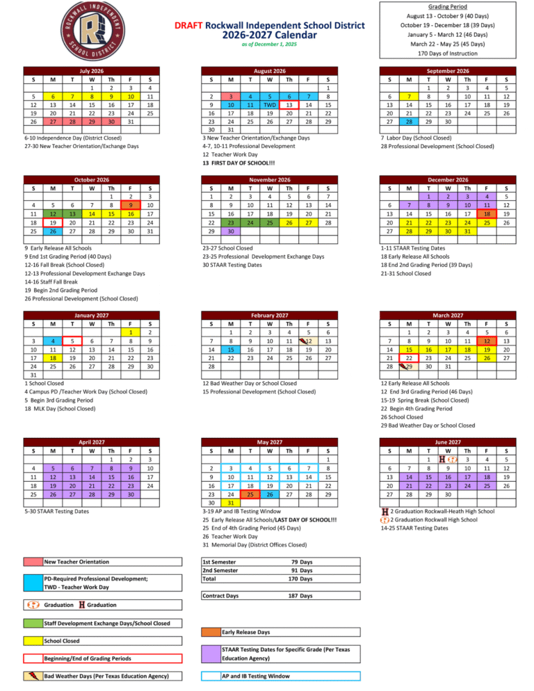 Rockwall ISD Schools Calendar 2026-2027 | Printable PDF