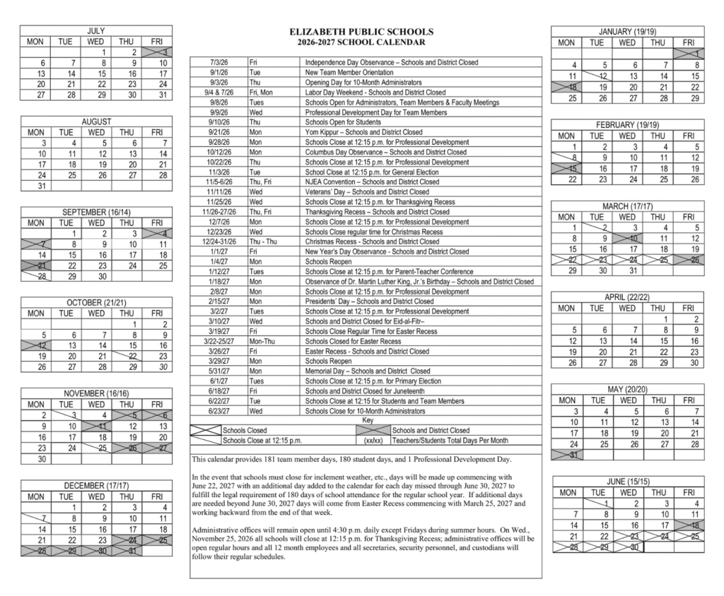 Elizabeth Public School Calendar 2026-2027 | Printable PDF
