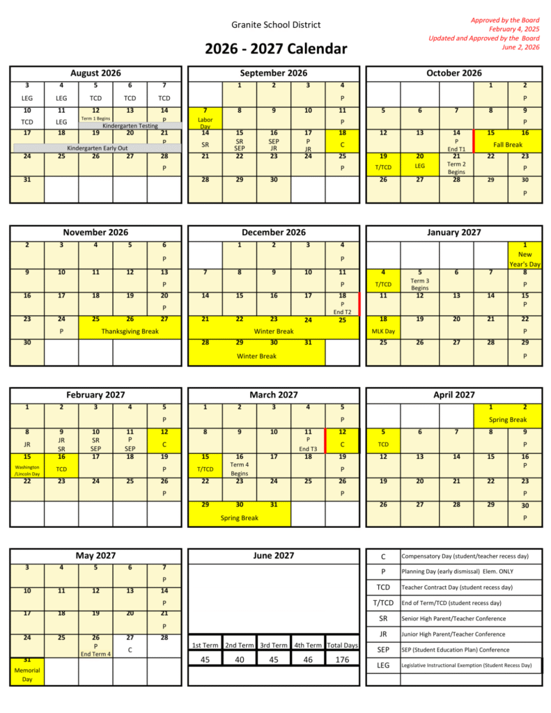 Granite School District Calendar 2026–2027 | Printable PDF