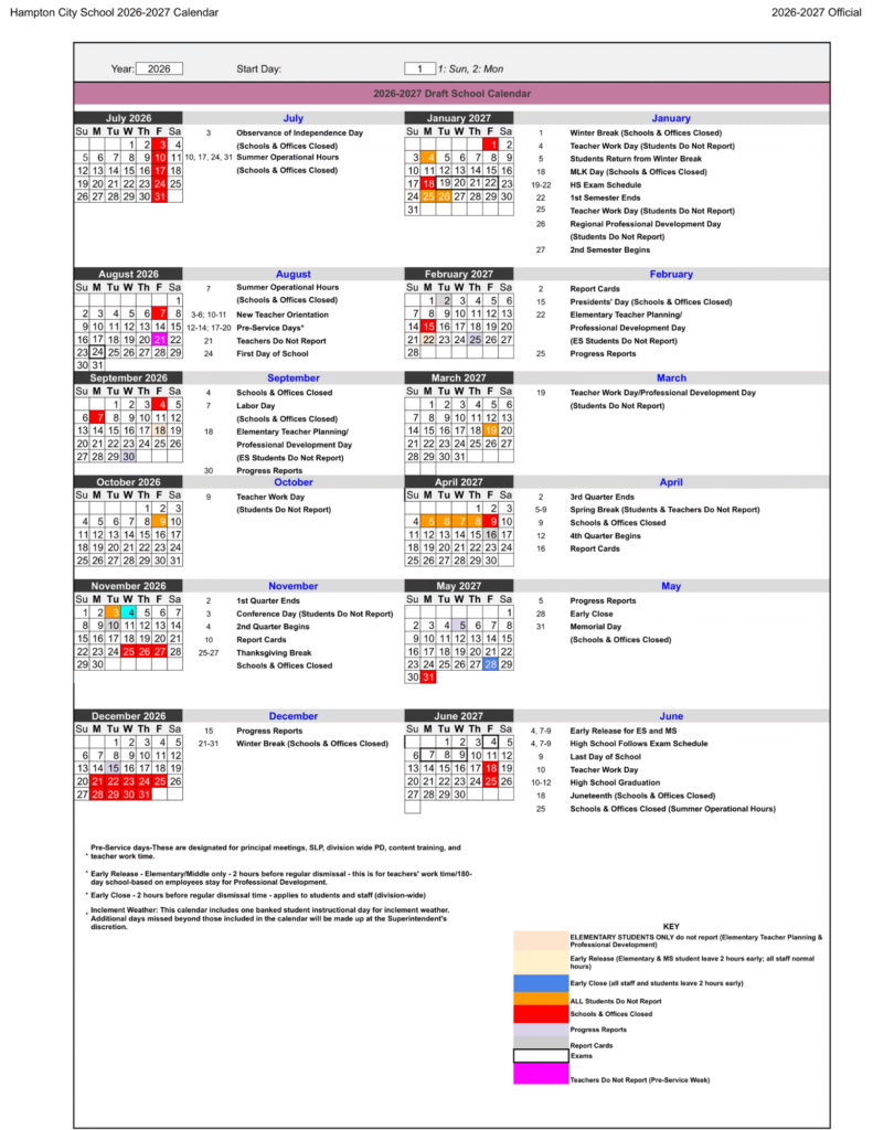 Hampton City Schools Calendar 2026-2027 | Printable PDF