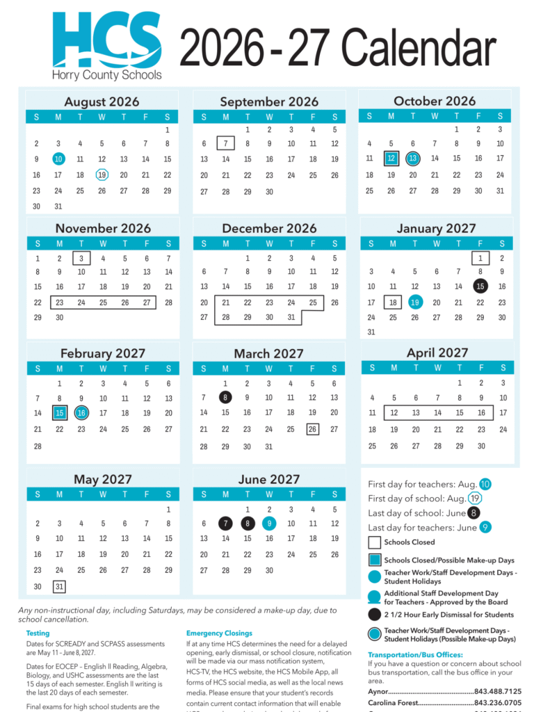 Horry County Schools Calendar 2026-2027 | Printable PDF