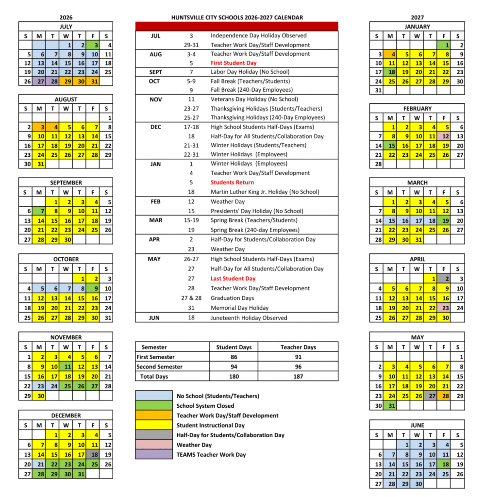 Huntsville City Schools Calendar 2026-2027 | Official Dates, Holidays & Printable PDF