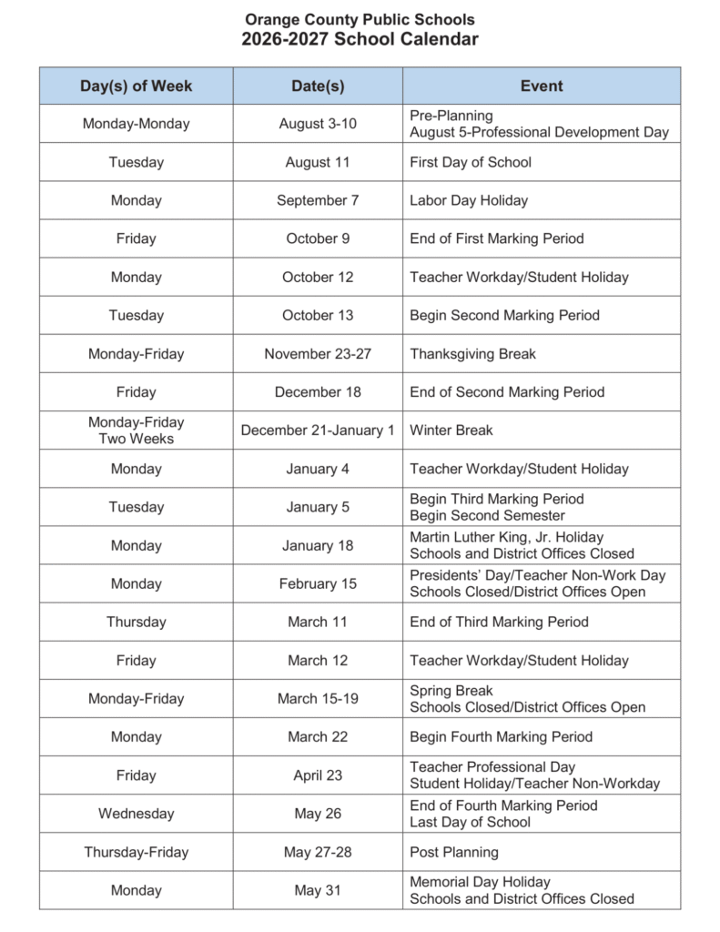 Orange County Public Schools Calendar 2026-2027 | Printable PDF
