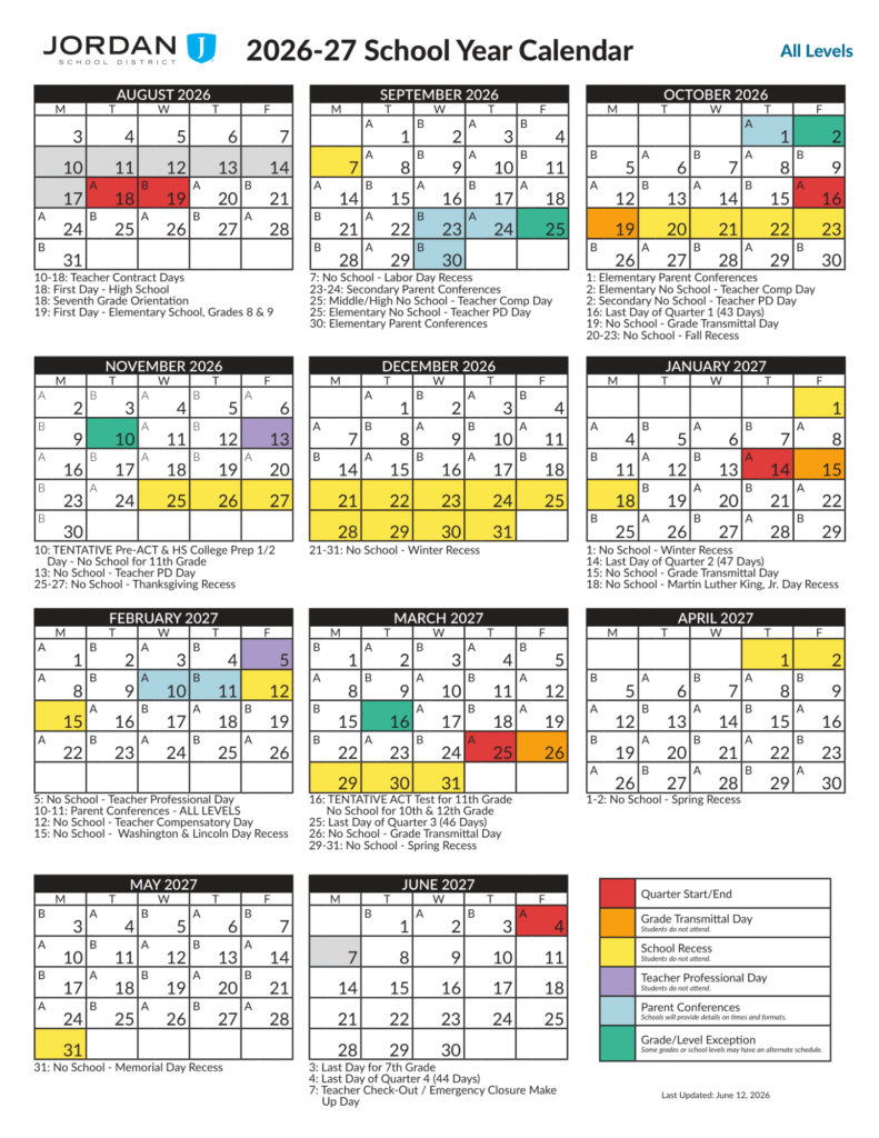 Jordan School District Calendar 2026-2027 | Printable PDF
