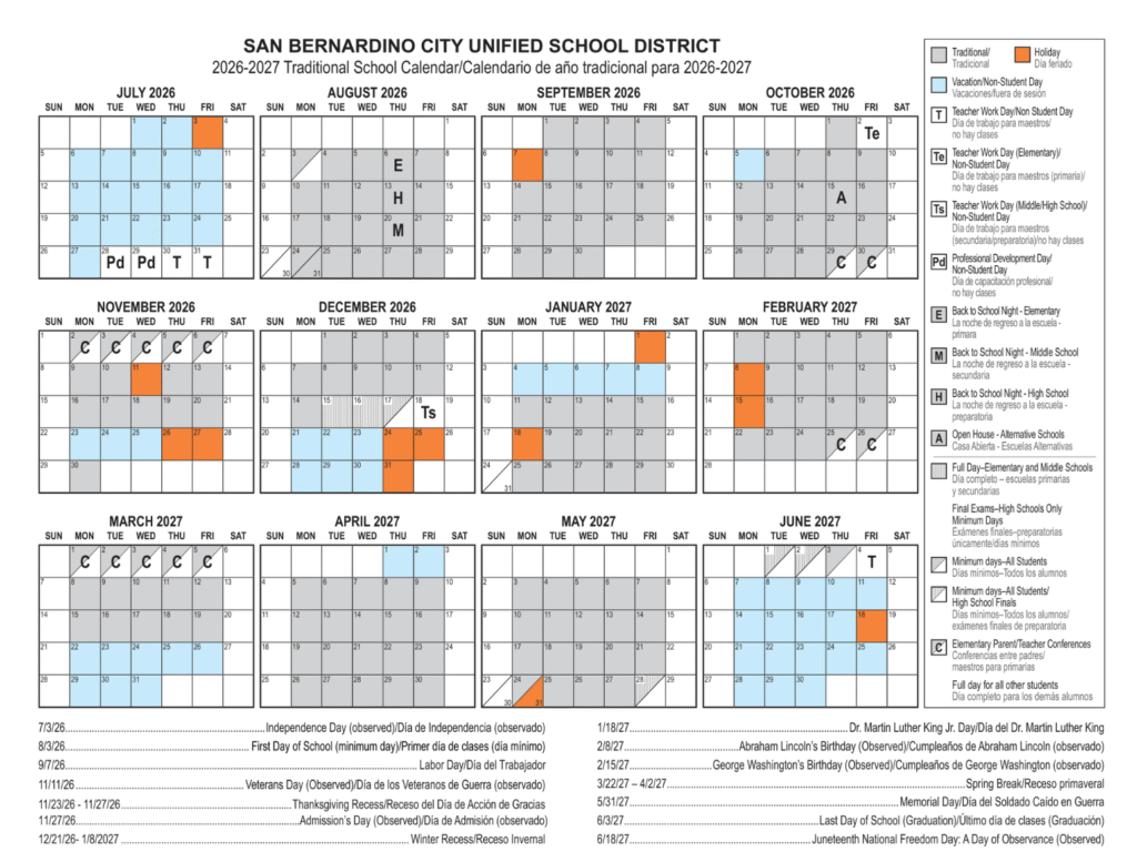 San Bernardino City Unified School District Calendar 2026-2027 | Printable PDF