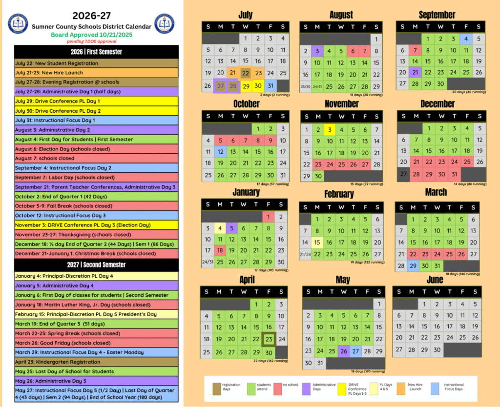Sumner County Schools Calendar 2026-2027 | Printable PDF
