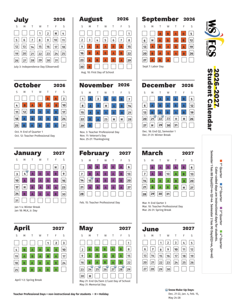Winston-Salem Forsyth County Schools Calendar 2026-2027 | Printable PDF
