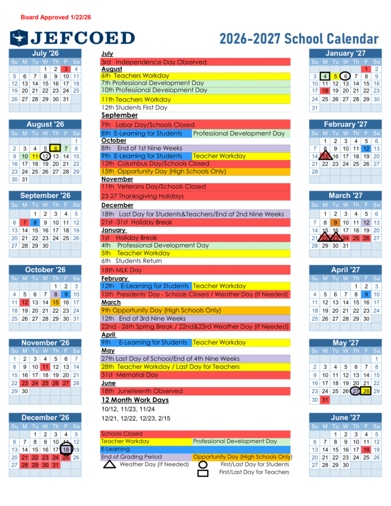 Jefferson County Schools Calendar 2026–2027 | Printable PDF