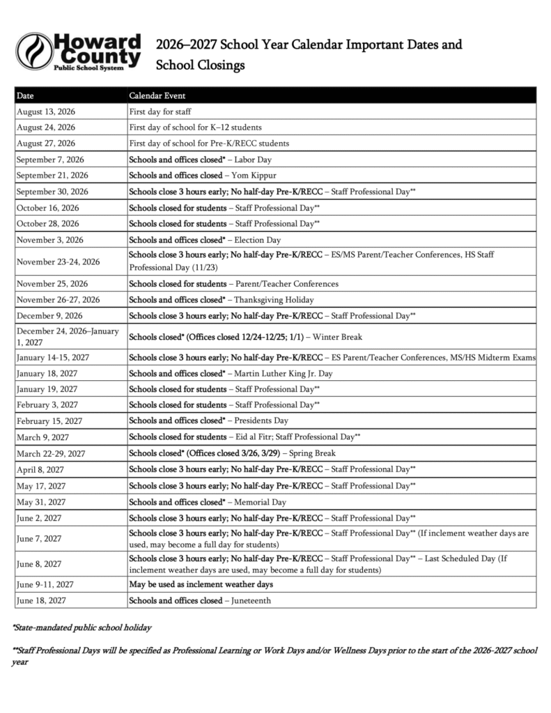 Howard County Schools Calendar 2026-2027 | Printable PDF