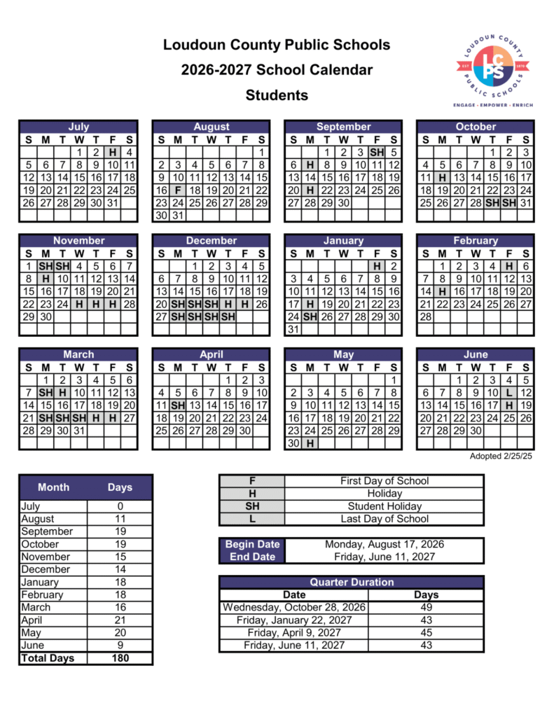 Loudoun County Public Schools Calendar 2026-2027 | Printable PDF