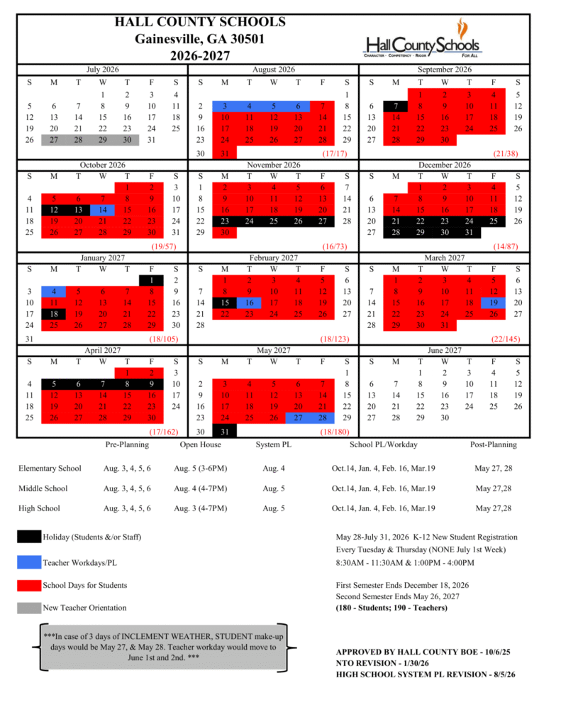 Hall County Schools Calendar 2026-2027 | Printable PDF