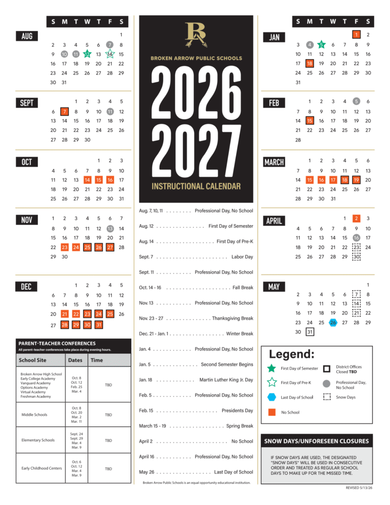 Broken Arrow Public Schools Calendar 2026-2027 | Printable PDF