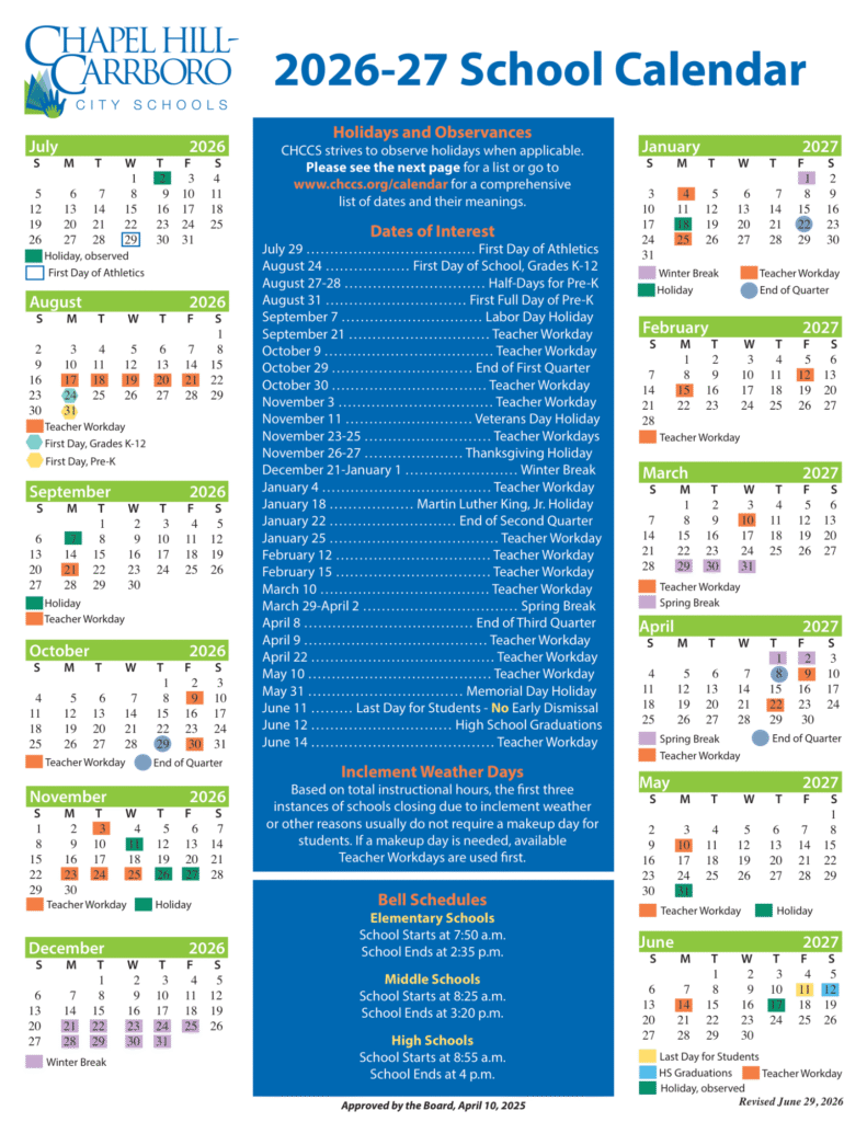 Chapel Hill-Carrboro City Schools Calendar 26-27 | Printable PDF