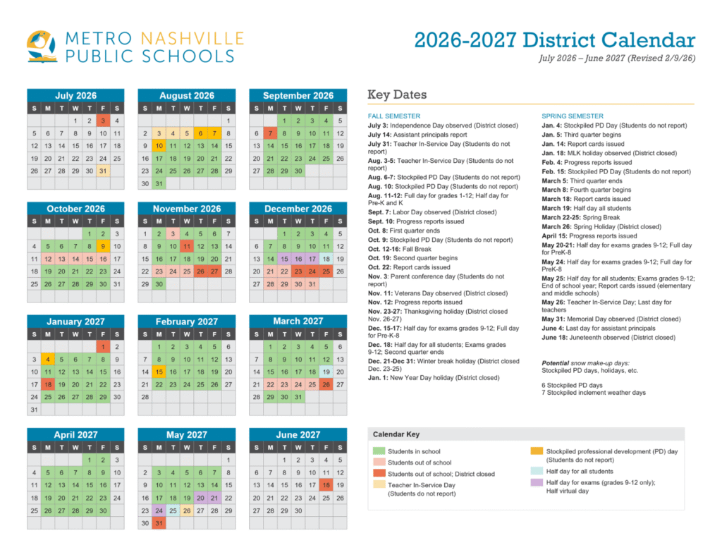 Nashville Metro Public Schools Calendar 26-27 | Printable PDF