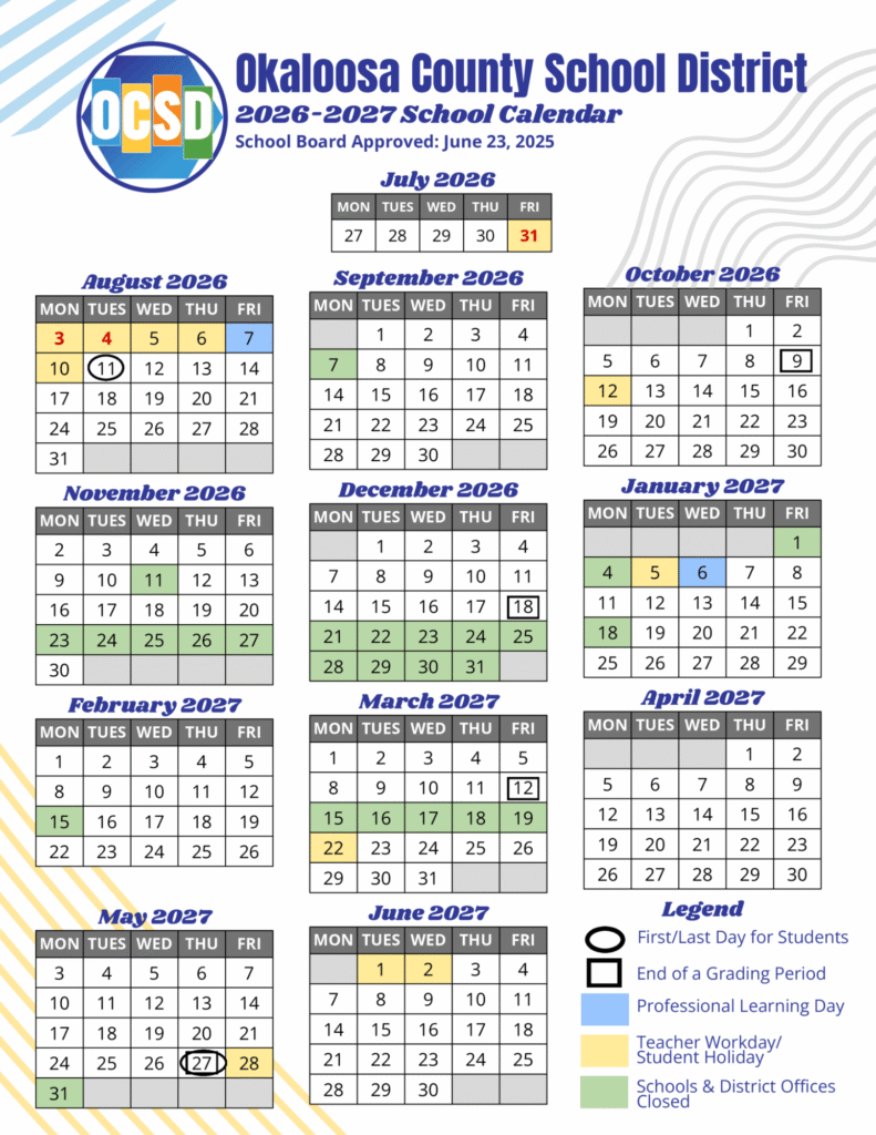 Okaloosa County School Calendar 2026-2027 | Printable PDF