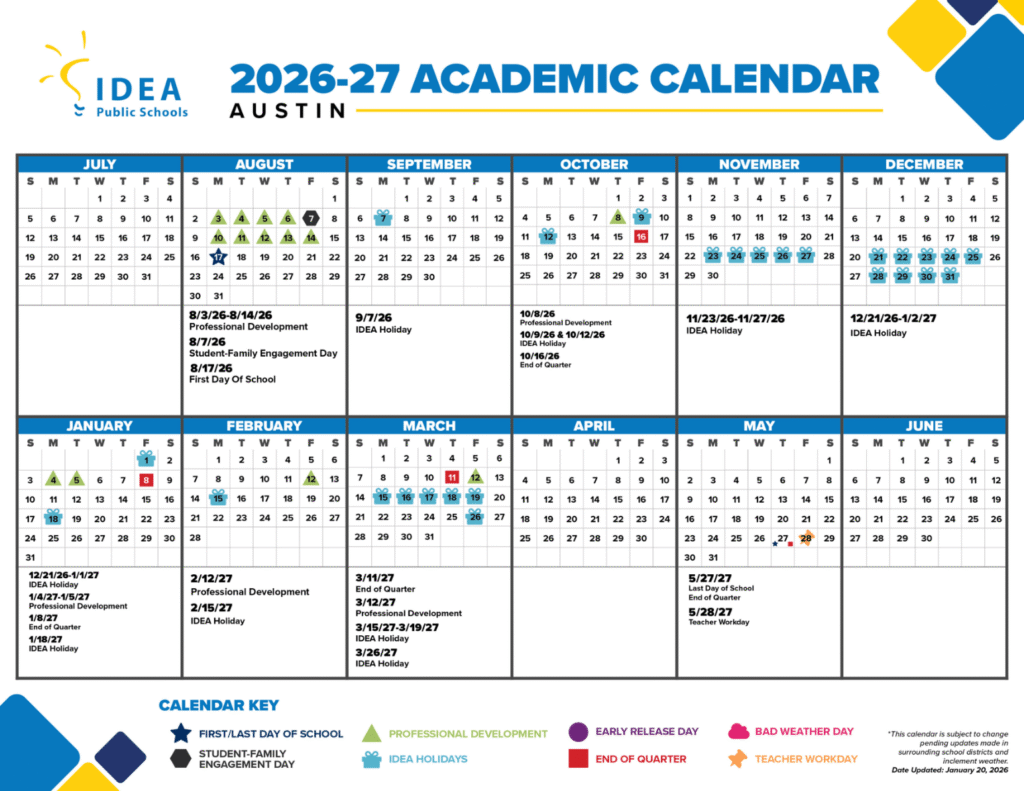 Austin Idea Public Schools Calendar 26-27 | Printable PDF