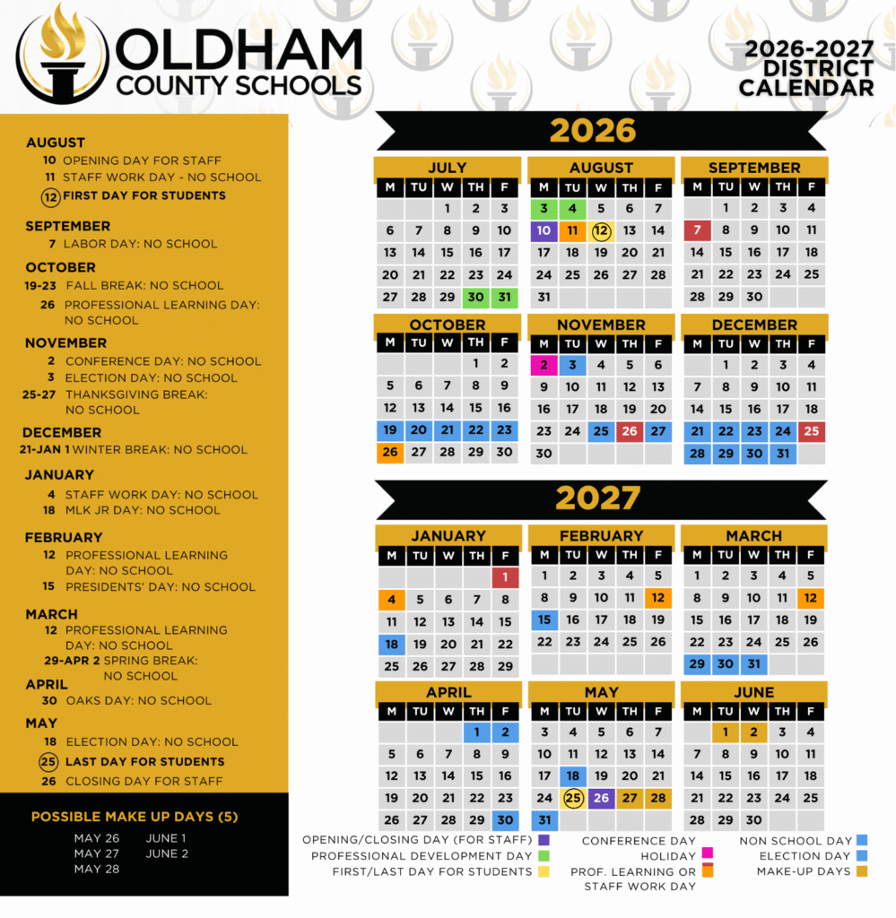 Oldham County Schools Calendar 2026-27 | Printable PDF