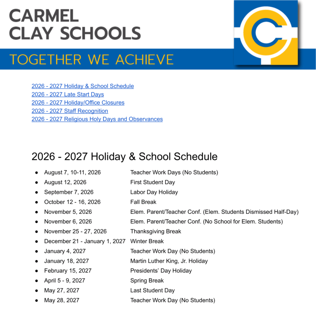 Carmel Clay Schools Calendar 2026-2027 | Printable PDF