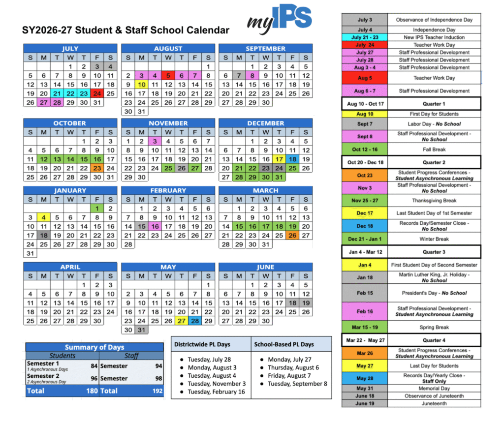 Indianapolis Public Schools Calendar 2026-27 | Printable PDF