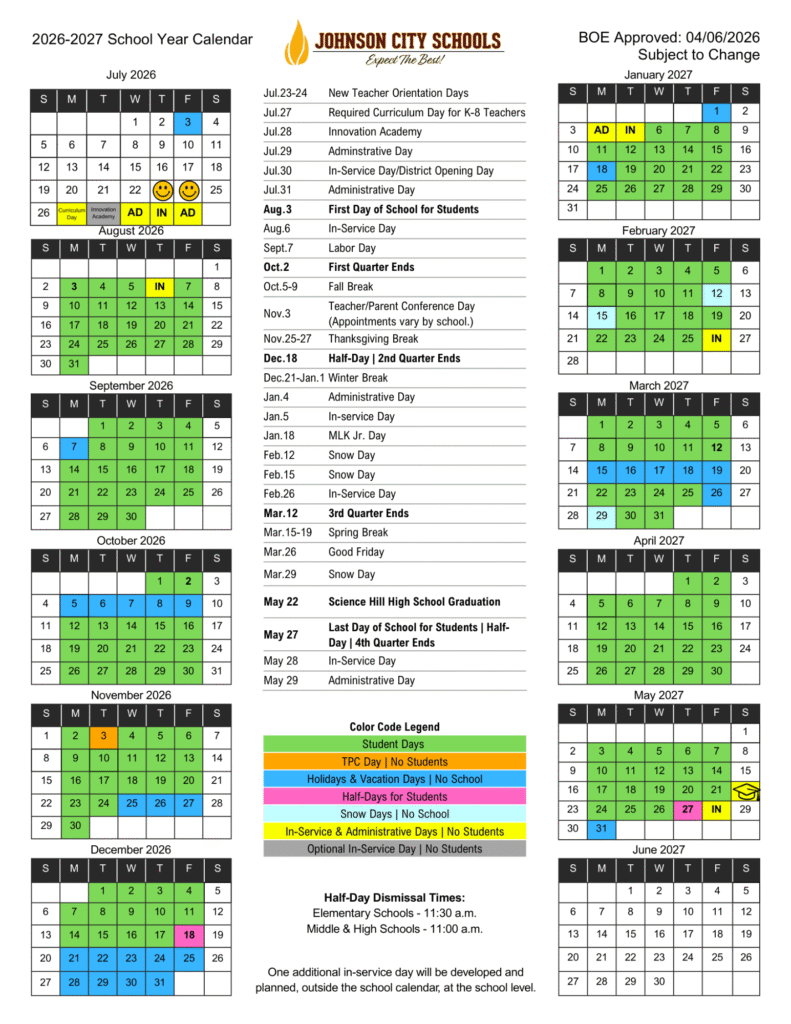 Johnson City Schools Calendar 2026-2027 | Printable PDF