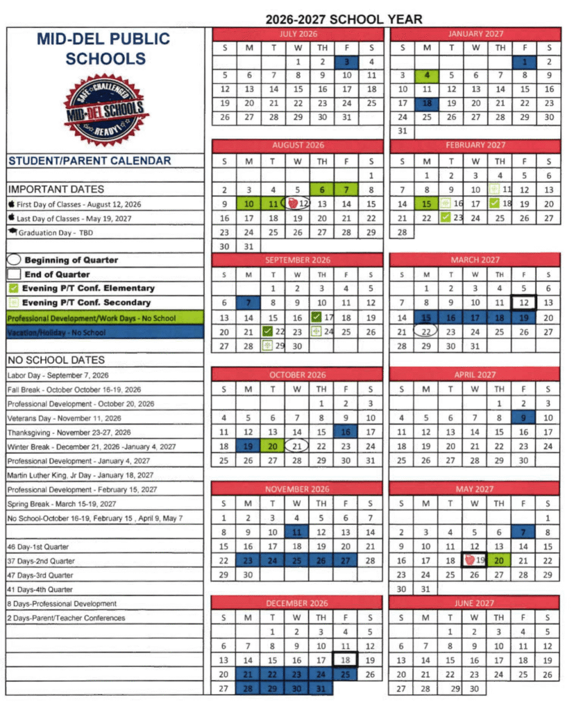 Mid-Del Public Schools (Midwest City) Calendar 2026-2027 | Printable PDF