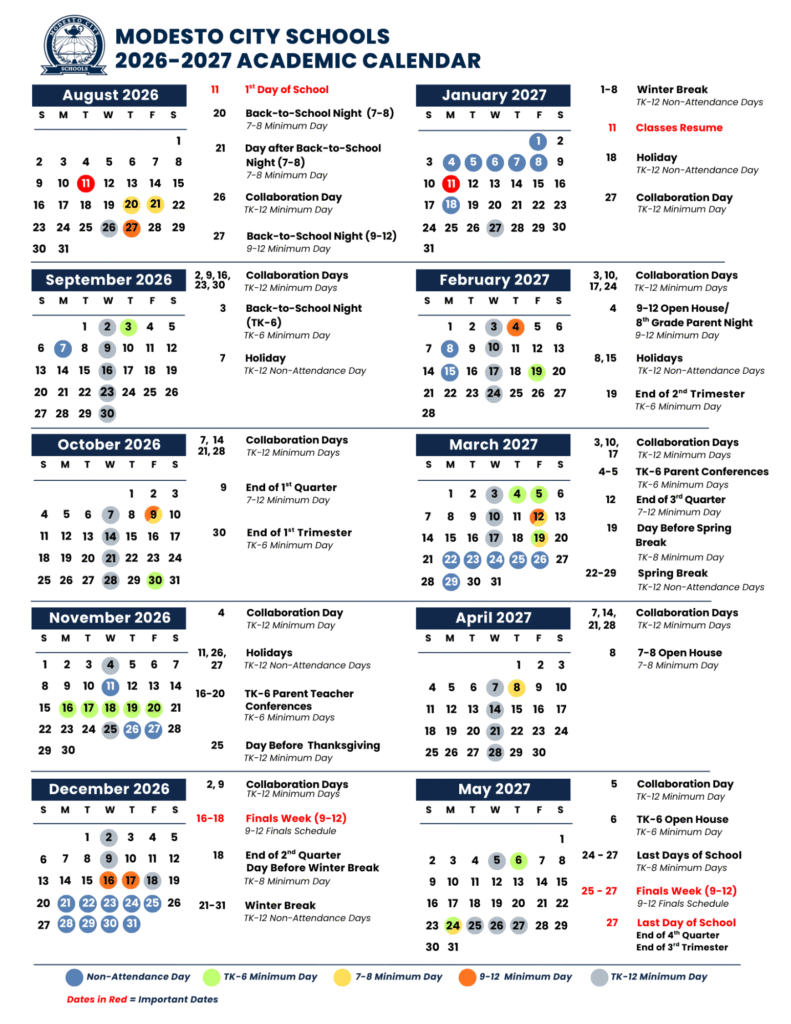 Modesto City Schools Calendar 2026-2027 | Printable PDF
