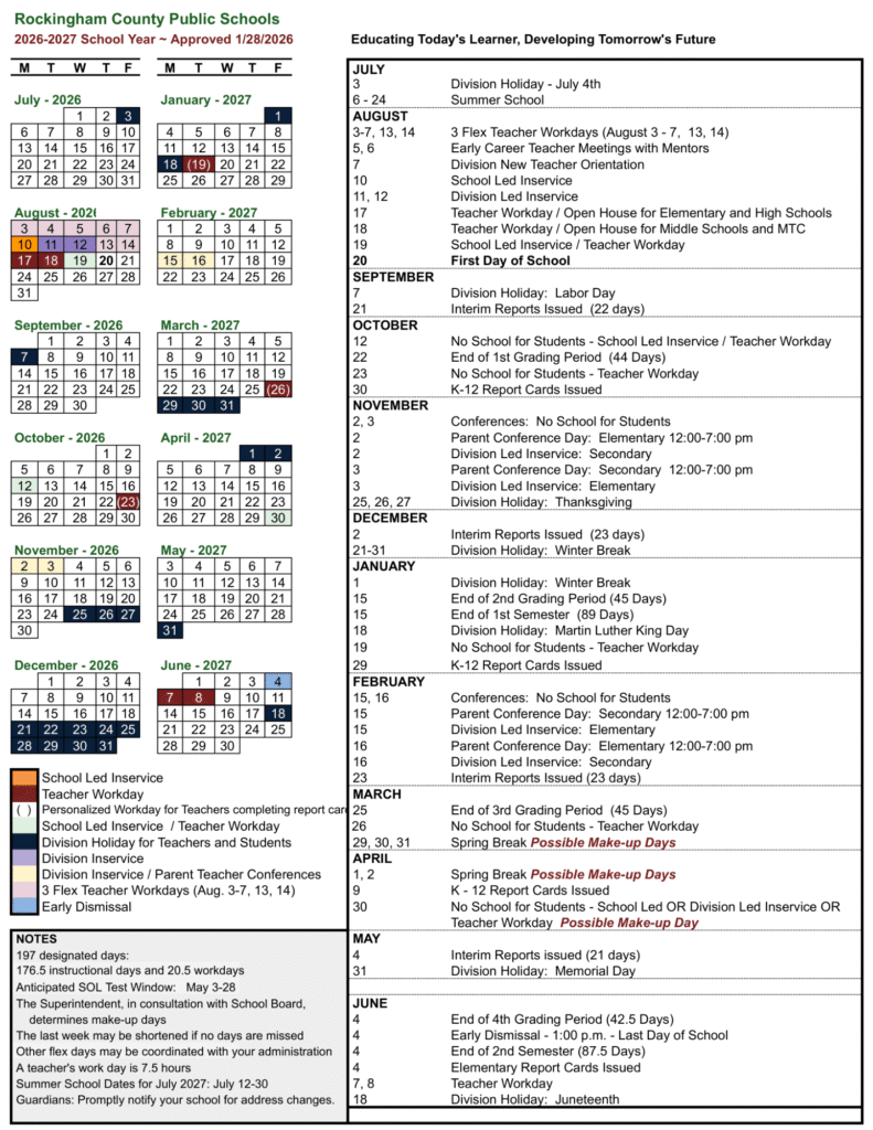 Rockingham County Public Schools Calendar 2026-2027 | Printable PDF