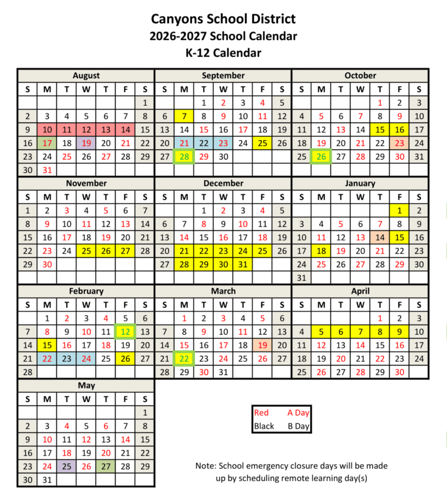 Canyons School District Calendar 2026-2027 | Printable PDF