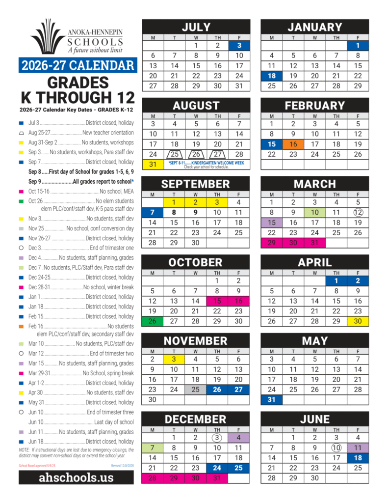 Anoka-Hennepin School Calendar 2026-2027 | Printable PDF