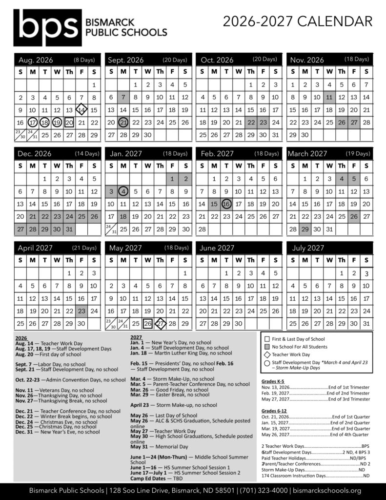 Bismarck Public Schools Calendar 26-27 | Printable PDF
