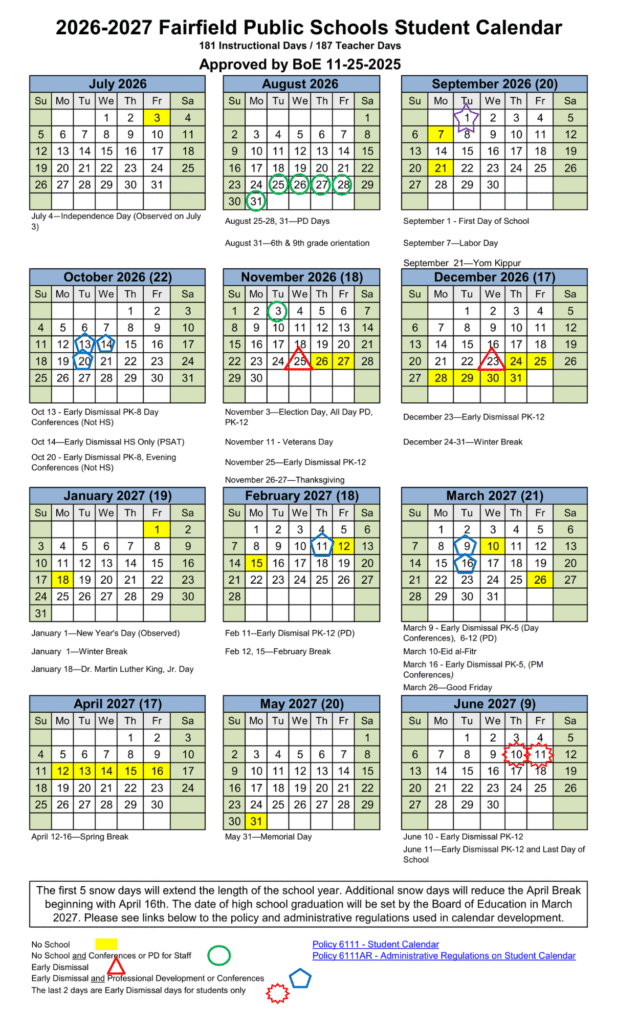 Fairfield Public Schools Calendar 26-27 | Printable PDF