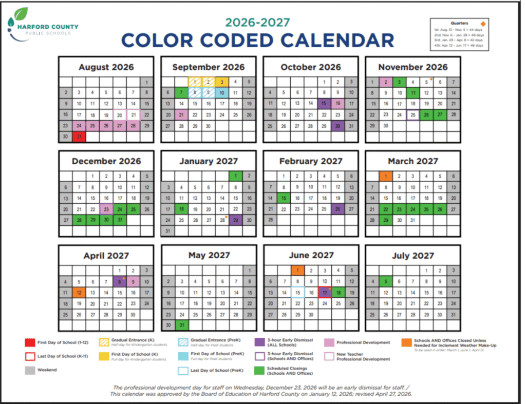 Harford County Public Schools Calendar 2026-2027 | Printable PDF