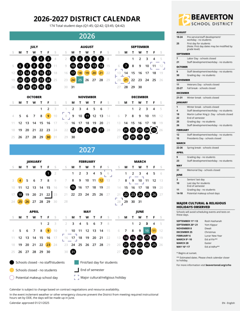 Beaverton School District Calendar 26-27 | Printable PDF