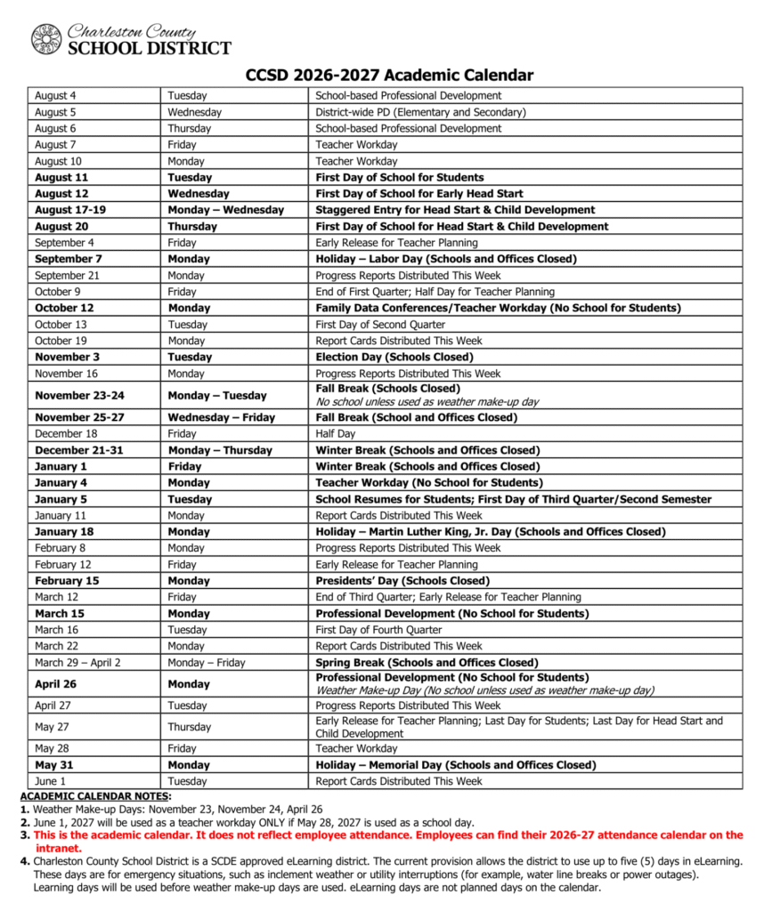Charleston County School District Calendar 2026-2027 | Printable PDF