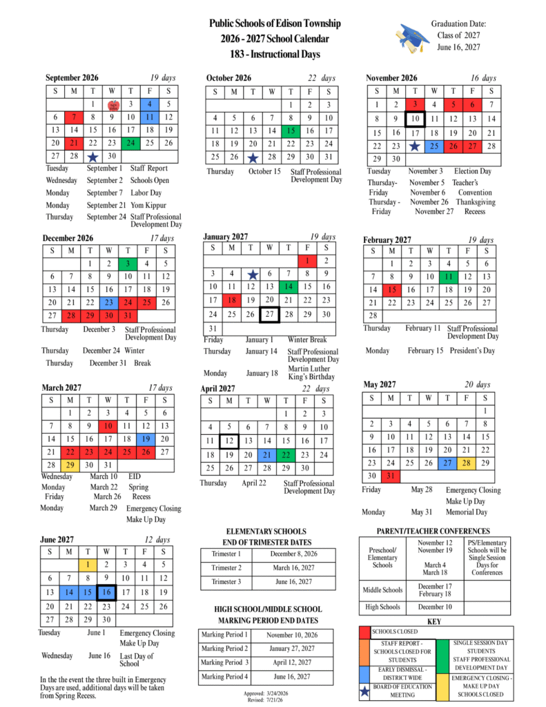 Edison Township School Calendar 2026-2027 | Printable PDF