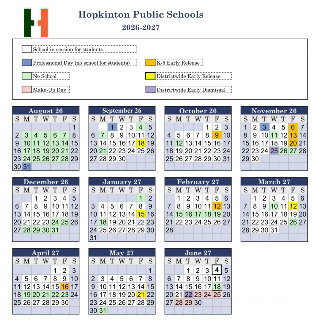Hopkinton MA Public School Calendar 2026-27 | Printable PDF