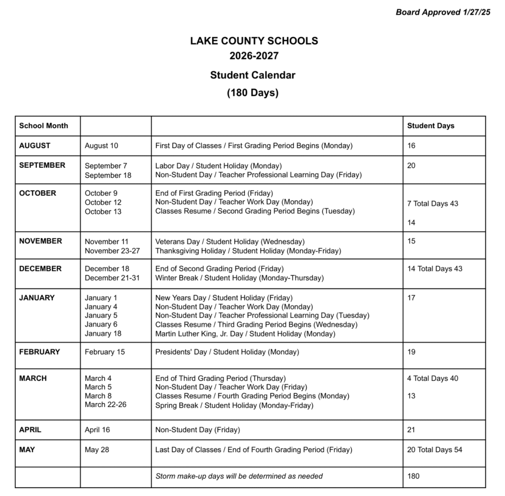 Lake County School Calendar 2026-2027 | Printable PDF