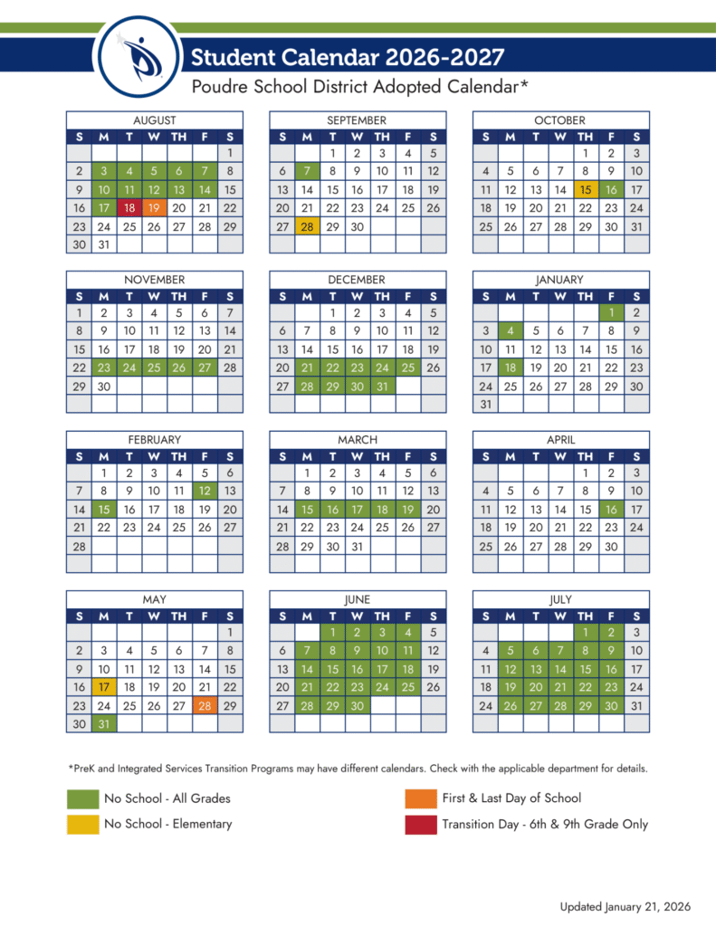 Poudre School District Calendar 2026-2027 | Printable PDF