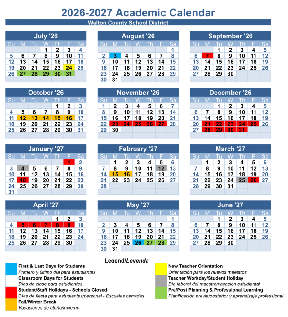Walton County Schools Calendar 2026-27 | Printable PDF